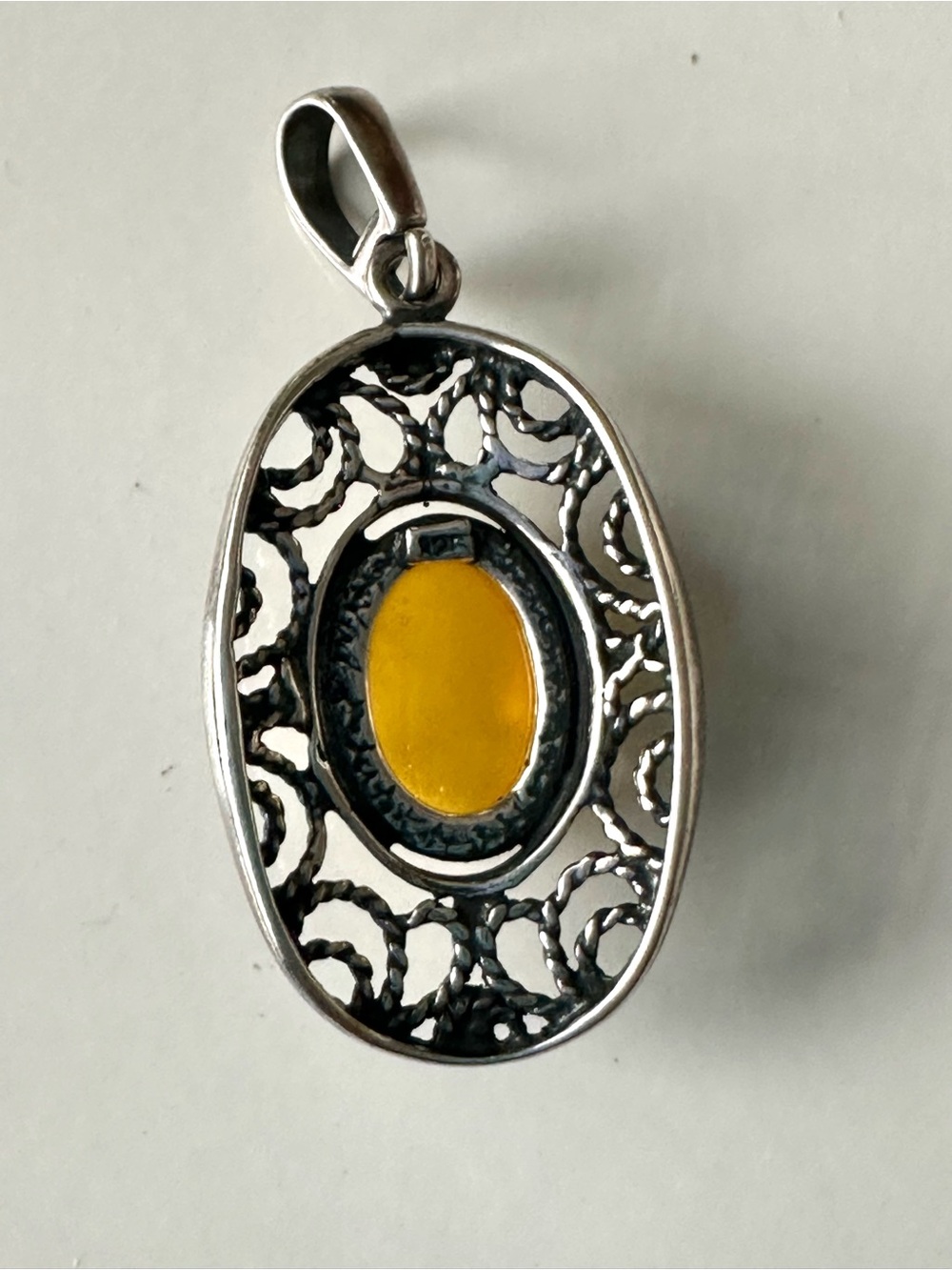 925 Sterling Silver Ornate Filigree Yellow Stone Pendant - Picture 6 of 7